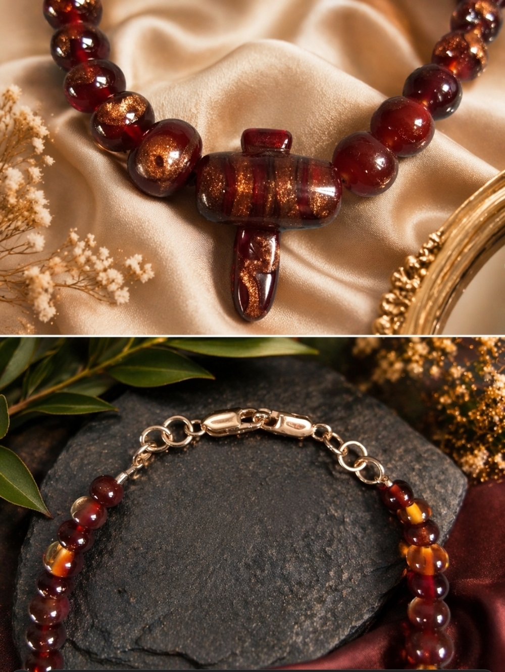 Elegant Murano Glass Burgundy Necklace with Gold Accents - Handcrafted In Hawaii